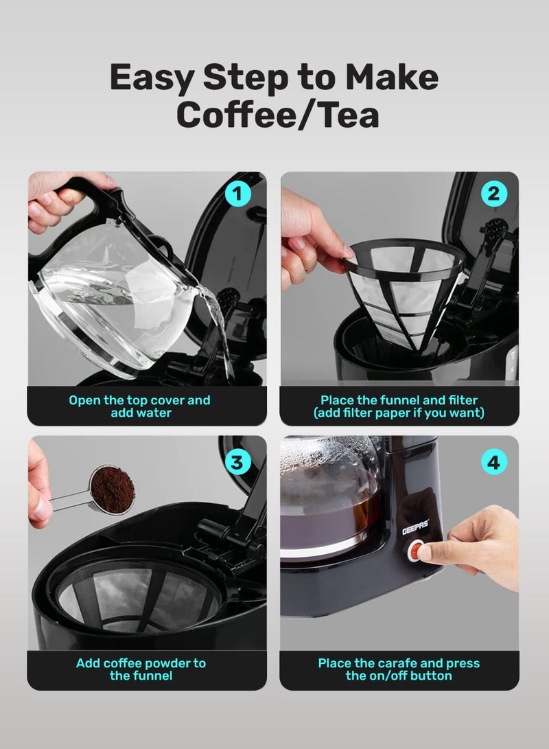 GEEPAS Coffee Maker, Filter Coffee Machine, | High Temperature Glass Carafe | Keep Warm & Anti-Drip Function | Reusable Filter | On/ Off Switch with Indicator Light 1.5 L 850 W GCM6103 Black/Clear - Image 3