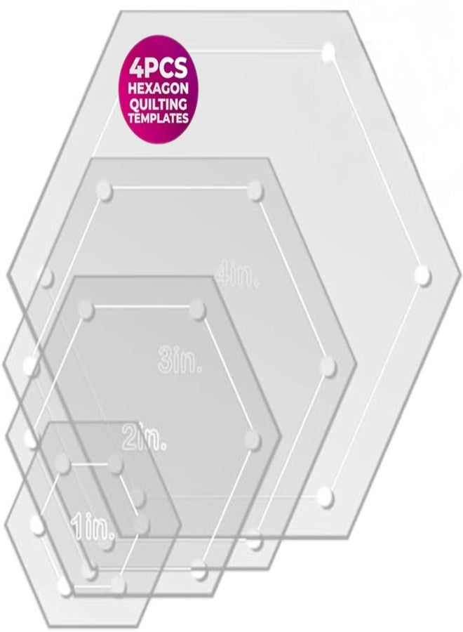 LaserThing Hexagon Quilting Template Set - 4", 3", 2", 1" Sizes with 1/4" Seam Allowance - Durable Acrylic Templates for Quilting, Patchwork, Crafting, & Sewing Projects - Clear Templates for Accuracy - Image 1