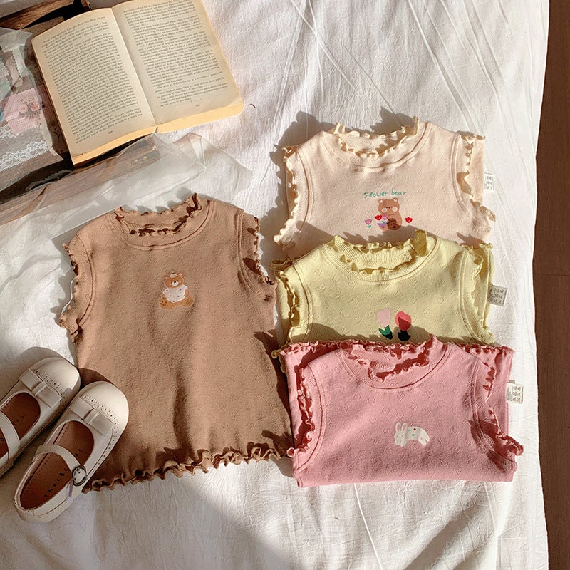 Class A Jacquard Knitted Cotton Fungus Lace Girls Vest Top 2025 Cartoon Print Children'S T-Shirt - Image 5