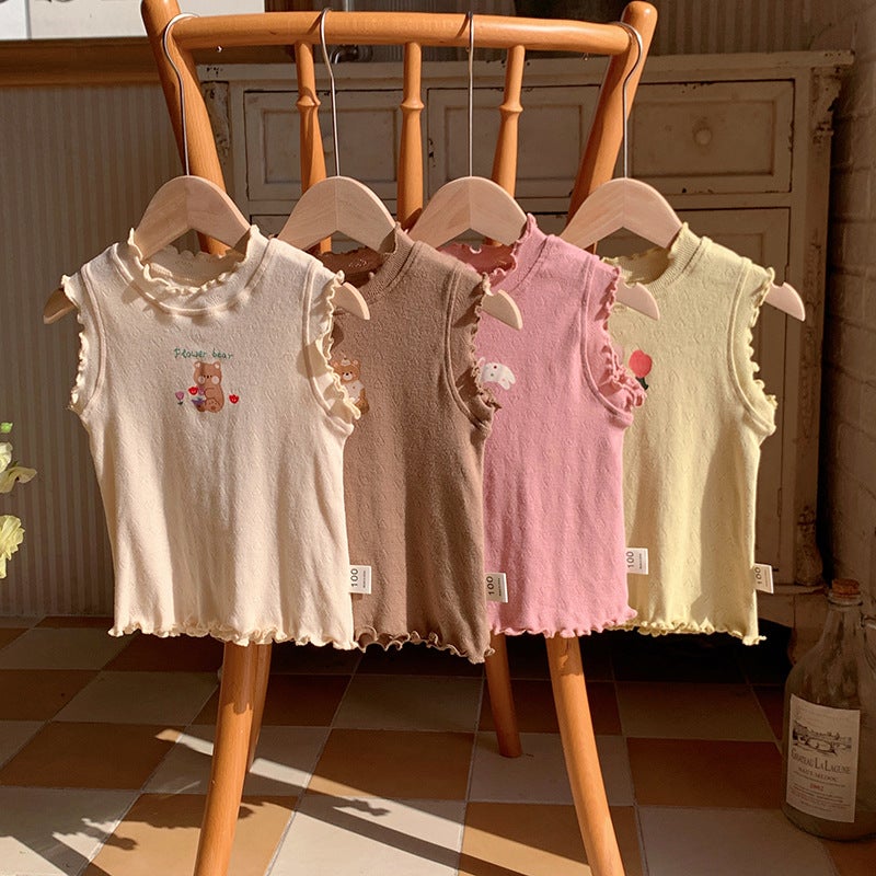 Class A Jacquard Knitted Cotton Fungus Lace Girls Vest Top 2025 Cartoon Print Children'S T-Shirt - Image 3