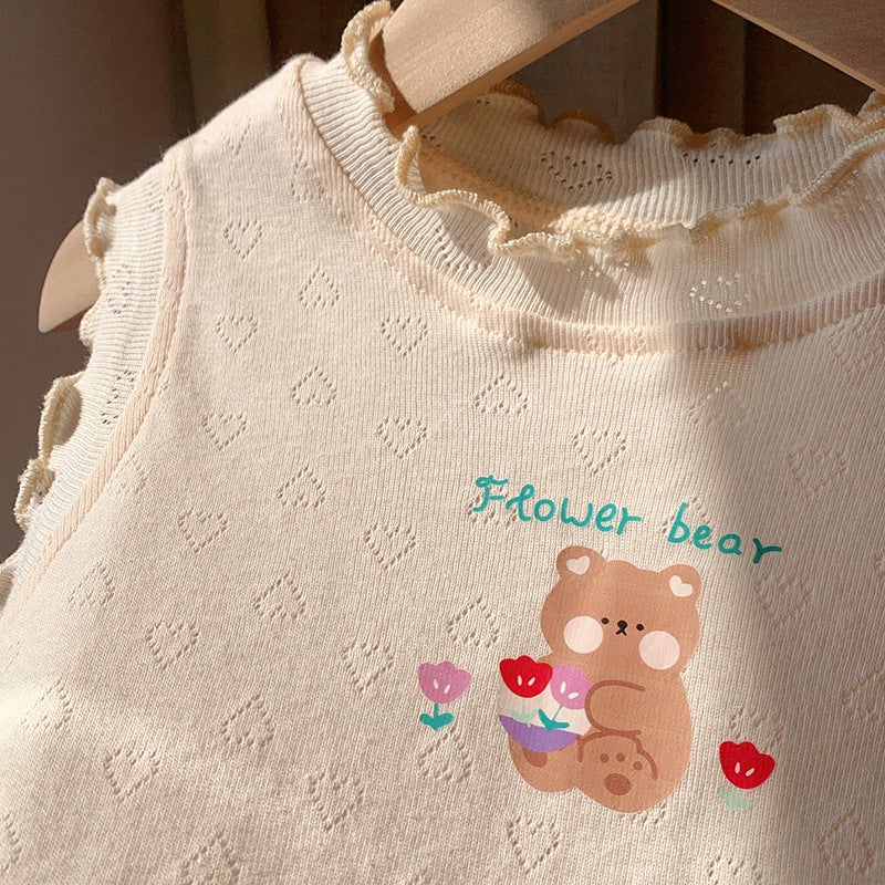 Class A Jacquard Knitted Cotton Fungus Lace Girls Vest Top 2025 Cartoon Print Children'S T-Shirt - Image 4