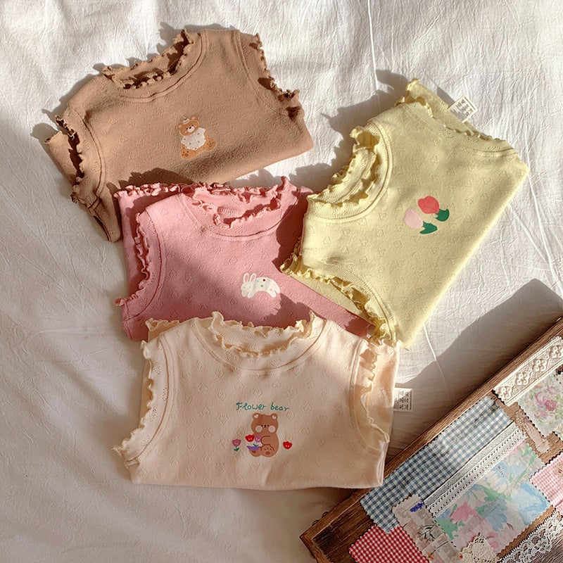 Class A Jacquard Knitted Cotton Fungus Lace Girls Vest Top 2025 Cartoon Print Children'S T-Shirt - Image 2