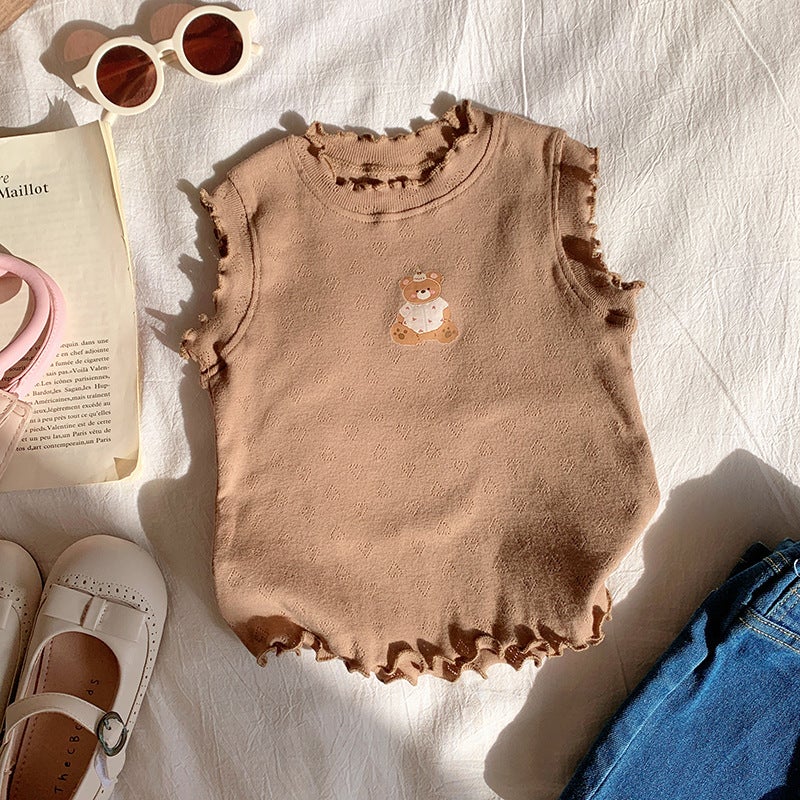 Class A Jacquard Knitted Cotton Fungus Lace Girls Vest Top 2025 Cartoon Print Children'S T-Shirt - Image 1