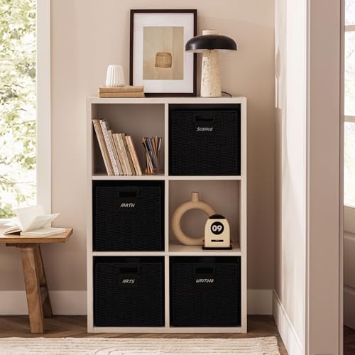 UBBCARE 4 Pack Wicker Basket, 12×12 Storage Cubes with Label, Foldable Cube Storage Bin with Handle, Square Storage Basket for Shelves, Woven Paper Rope Basket for Organizing, Black - Image 5