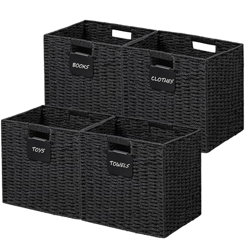 UBBCARE 4 Pack Wicker Basket, 12×12 Storage Cubes with Label, Foldable Cube Storage Bin with Handle, Square Storage Basket for Shelves, Woven Paper Rope Basket for Organizing, Black - Image 1