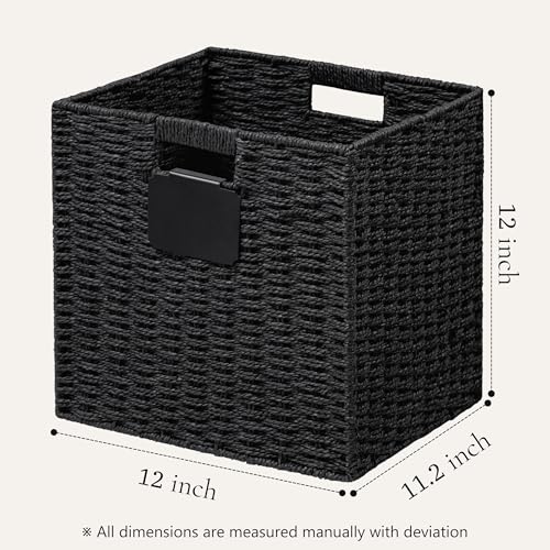 UBBCARE 4 Pack Wicker Basket, 12×12 Storage Cubes with Label, Foldable Cube Storage Bin with Handle, Square Storage Basket for Shelves, Woven Paper Rope Basket for Organizing, Black - Image 2