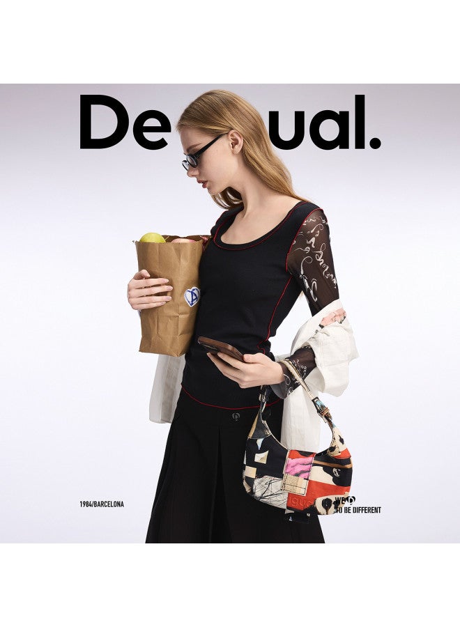 DESIGUAL women's Round Neck T-shirt With Dual Sleeve Mesh, Printed Patchwork And Color Blocking For Spring-summer 2025 - Image 4