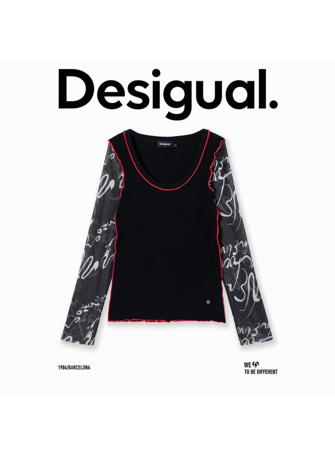 DESIGUAL women's Round Neck T-shirt With Dual Sleeve Mesh, Printed Patchwork And Color Blocking For Spring-summer 2025 - Image 2