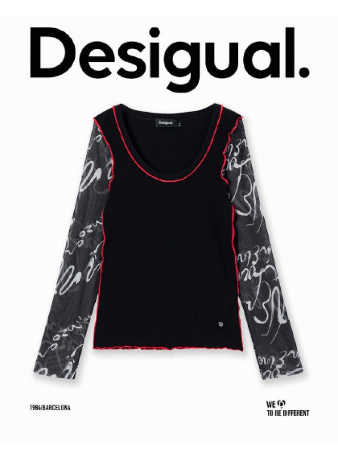 DESIGUAL women's Round Neck T-shirt With Dual Sleeve Mesh, Printed Patchwork And Color Blocking For Spring-summer 2025 - Image 1