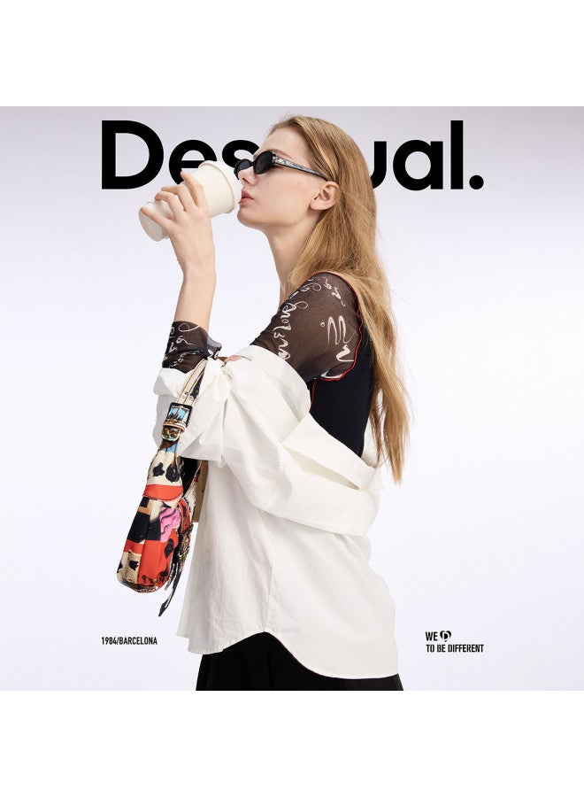 DESIGUAL women's Round Neck T-shirt With Dual Sleeve Mesh, Printed Patchwork And Color Blocking For Spring-summer 2025 - Image 3