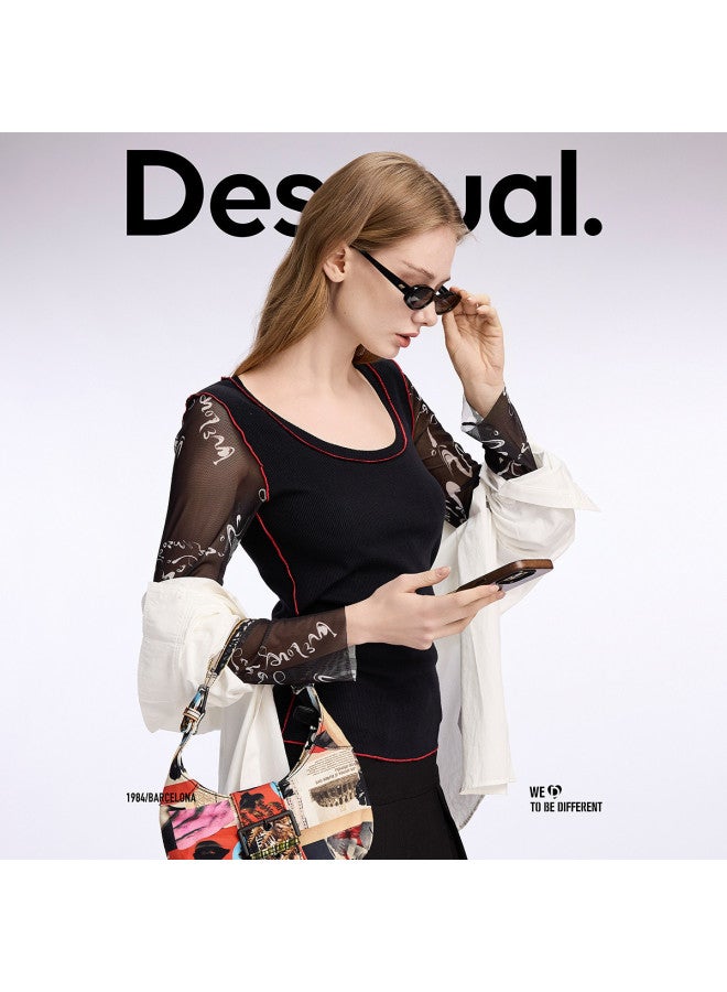 DESIGUAL women's Round Neck T-shirt With Dual Sleeve Mesh, Printed Patchwork And Color Blocking For Spring-summer 2025 - Image 5