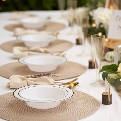 MATANA 25 Pack Plastic Bowls for Parties in White with Gold Rim, 7.5" Inch (12oz) Reusable Sturdy Salad Bowl, Soup Bowl, Dessert & Ice Cream Bowl for Wedding Parties, Events, Dinner, Outdoor Picnic - Image 2