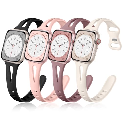 Getino Slim Bands Compatible with Apple Watch Band Series 11 10 9 8 7 6 5 4 3 2 1 SE 38mm 40mm 41mm 42mm Women, Dressy Silicone Skinny Thin Sport iWatch Wristbands,Black/Pink/Smoke Purple/Starlight - Image 1