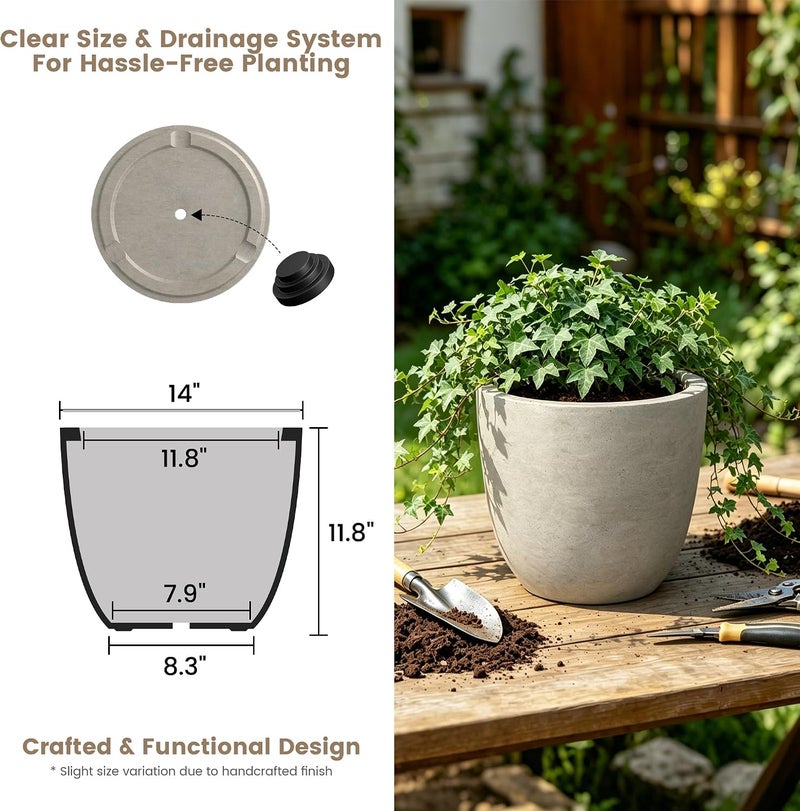 kante AC0050C-80021-2 Lightweight Durable Modern Round Outdoor Planter, 18" x 18" x 17", 17 Inch Tall, Gray - Image 5