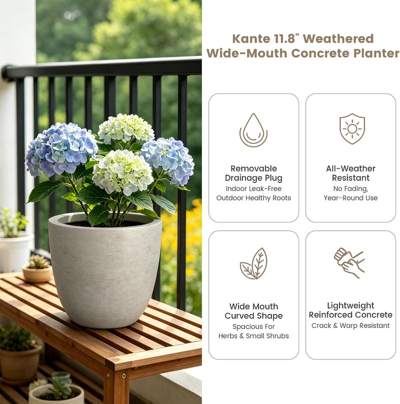 kante AC0050C-80021-2 Lightweight Durable Modern Round Outdoor Planter, 18" x 18" x 17", 17 Inch Tall, Gray - Image 4