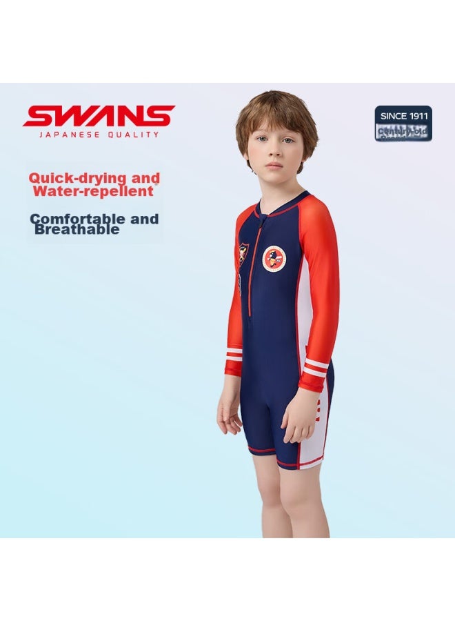 Speed Vision Swans Children's One-piece Swimsuit, Long-sleeve Surfing Suit, Comfortable And Breathable, For Boys, Swimming, 251 Navy Blue, Size 130 - Image 4