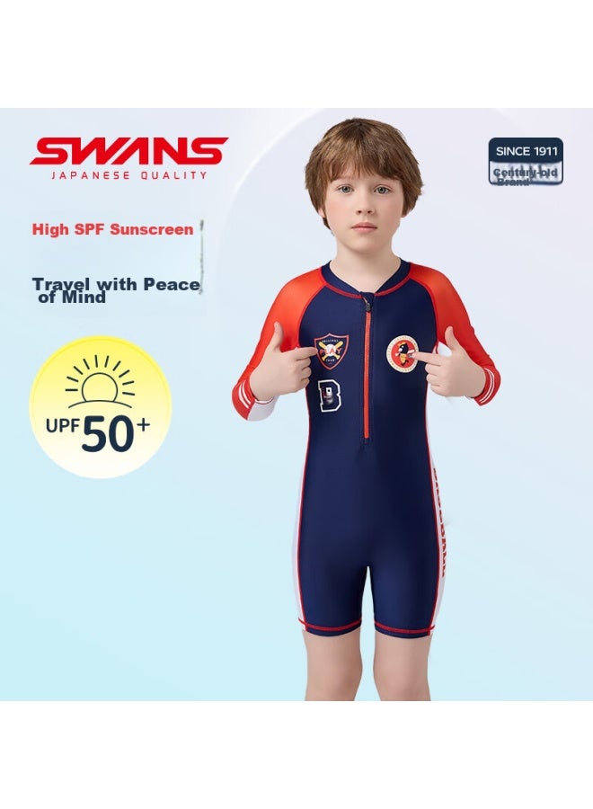Speed Vision Swans Children's One-piece Swimsuit, Long-sleeve Surfing Suit, Comfortable And Breathable, For Boys, Swimming, 251 Navy Blue, Size 130 - Image 2
