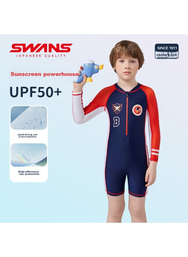 Speed Vision Swans Children's One-piece Swimsuit, Long-sleeve Surfing Suit, Comfortable And Breathable, For Boys, Swimming, 251 Navy Blue, Size 130 - Image 1