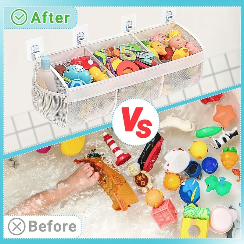 White 3 Compartment Mesh Shower Storage Bag Large Capacity Bathtub Organizer - Image 3
