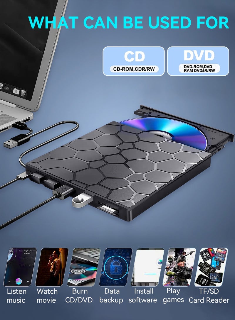 ليوكور محرك أقراص CD/DVD خارجي، مشغل DVD للكمبيوتر المحمول، 8 في 1 USB 3.0 رقيق للغاية محمول، ناسخ أقراص CD محرك خارجي بصري متوافق مع أجهزة الكمبيوتر المحمولة وسطح المكتب ماك، ويندوز 11/10/8/7 لينوكس - Image 3