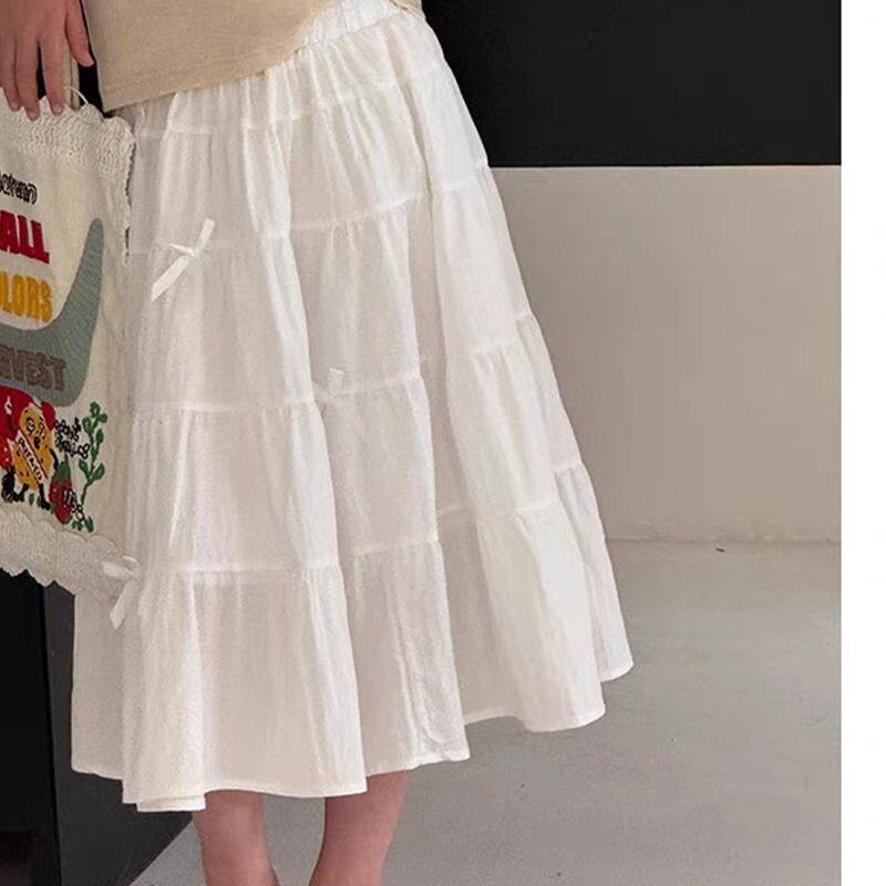 Girls' White Midi Skirt with Bow, Cotton-Linen, for Summer - Image 3