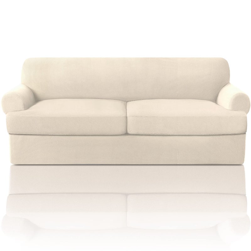 PrinceDeco T Cushion Sofa Slipcover 3 Pieces Sofa Covers for T Cushion Couch Soft Couch Covers Sofa Slip Cover Furniture Covers with 2 Individual T Shape Seat Covers Width Up to 90 Natural