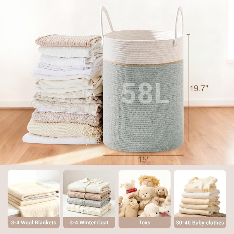 SunNewt Tall Laundry Basket with Handles, 58L Portable Dirty Clothes Hamper, Boho Cotton Rope Storage Bin for Blankets Kids Toys Gifts, Decorative Organizer for Nursery Bedroom Bathroom, Sage Green - Image 2