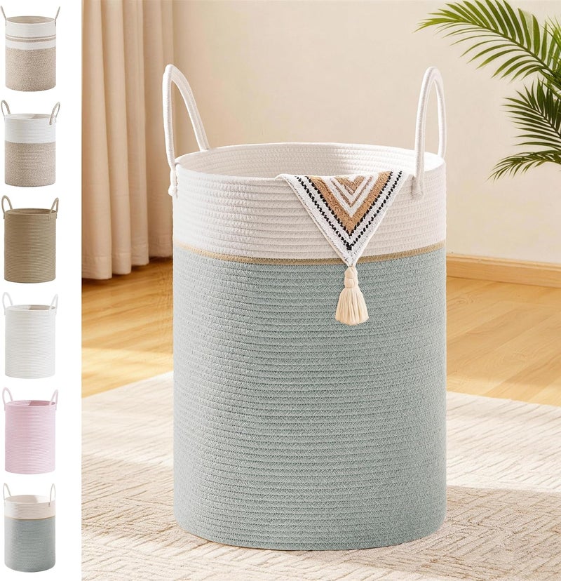 SunNewt Tall Laundry Basket with Handles, 58L Portable Dirty Clothes Hamper, Boho Cotton Rope Storage Bin for Blankets Kids Toys Gifts, Decorative Organizer for Nursery Bedroom Bathroom, Sage Green - Image 1