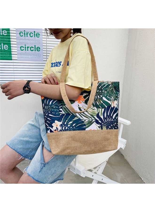 Fashion Canvas Bag Style National Style Artistic Women's Shoulder Bag Simple Tote Bag Large Capacity Women's Portable Shopping Bag-Color:Yellow Powder Fine Leaves - Image 5