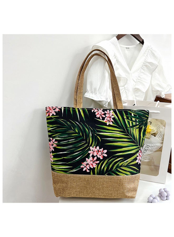 Fashion Canvas Bag Style National Style Artistic Women's Shoulder Bag Simple Tote Bag Large Capacity Women's Portable Shopping Bag-Color:Yellow Powder Fine Leaves - Image 1