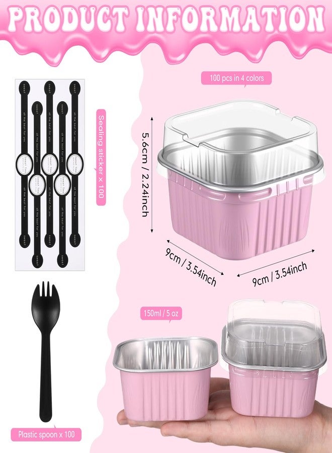 Vesici 100 Set 5 oz Mini Cake Pans with Lids & Spoons Square Aluminum Foil Baking Loaf Pans Disposable Dessert Cups with Stickers for Wedding Birthday Party Picnics, 4 Color - Image 3