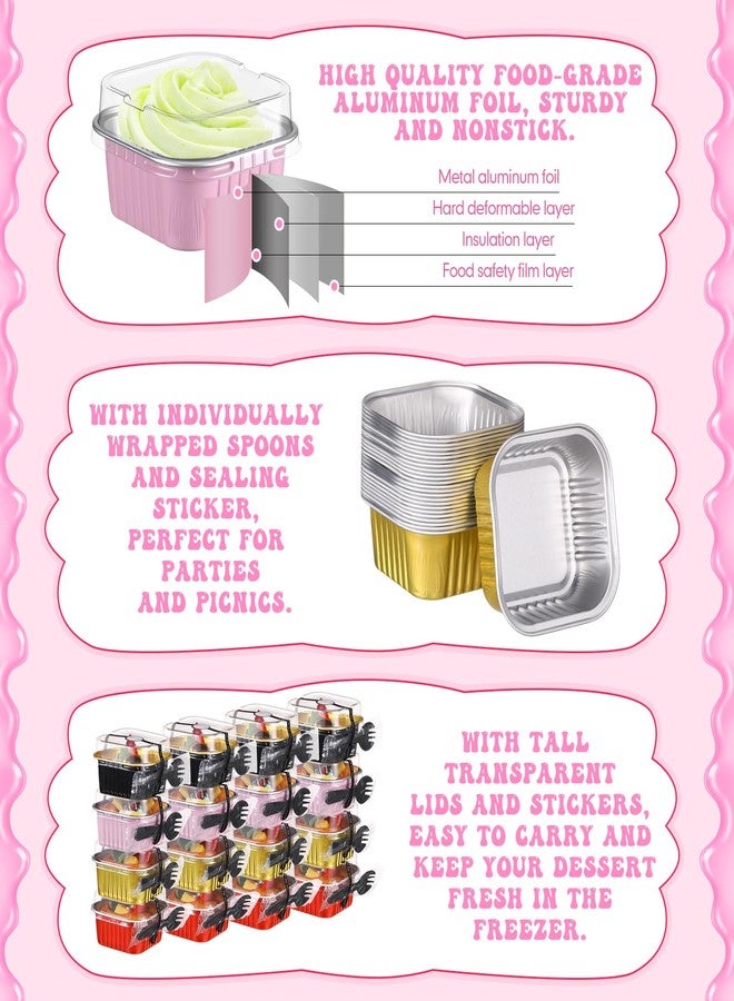 Vesici 100 Set 5 oz Mini Cake Pans with Lids & Spoons Square Aluminum Foil Baking Loaf Pans Disposable Dessert Cups with Stickers for Wedding Birthday Party Picnics, 4 Color - Image 4