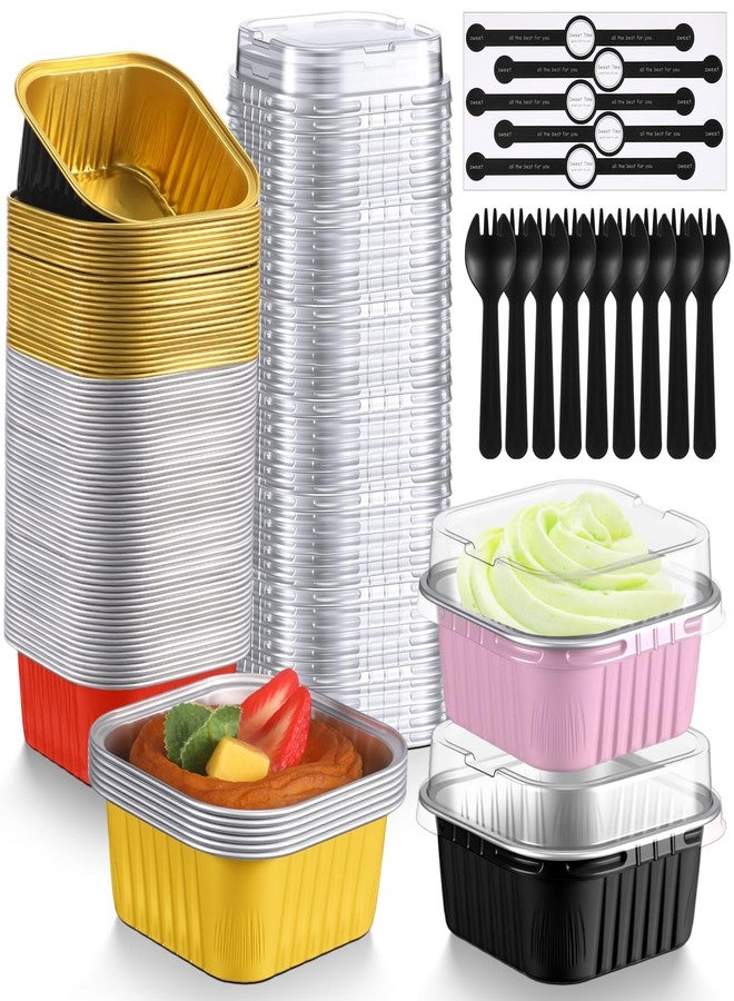 Vesici 100 Set 5 oz Mini Cake Pans with Lids & Spoons Square Aluminum Foil Baking Loaf Pans Disposable Dessert Cups with Stickers for Wedding Birthday Party Picnics, 4 Color - Image 1