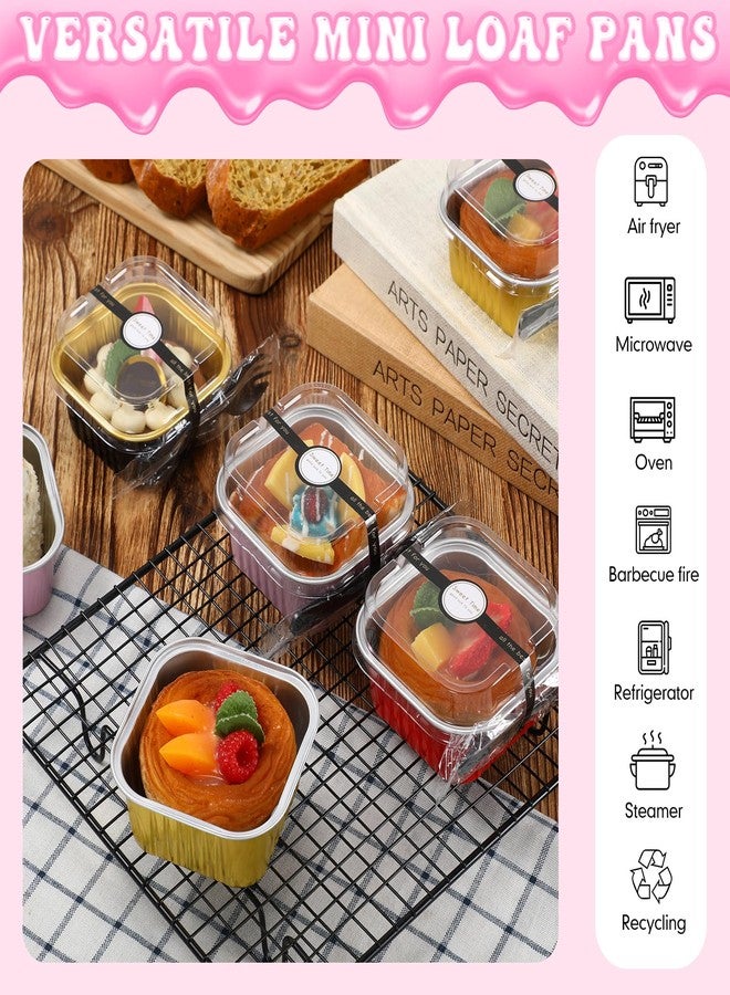 Vesici 100 Set 5 oz Mini Cake Pans with Lids & Spoons Square Aluminum Foil Baking Loaf Pans Disposable Dessert Cups with Stickers for Wedding Birthday Party Picnics, 4 Color - Image 5