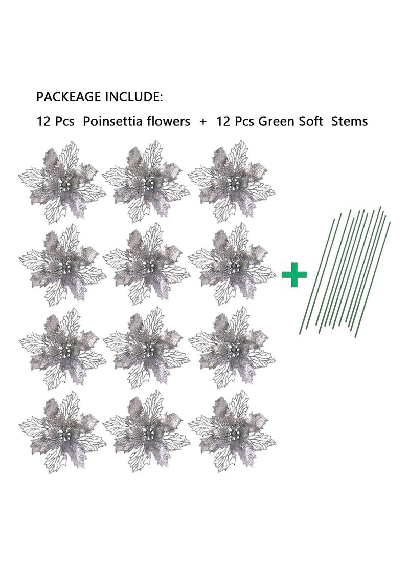GL-Turelifes GL-Turelifes 12 Pieces 6.3 Glitter Christmas Flowers Violet Poinsettia Artificial Flower Christmas Tree Flowers Wreath Tree Ornaments with 12 Pcs Green Flower Stem  - Image 4