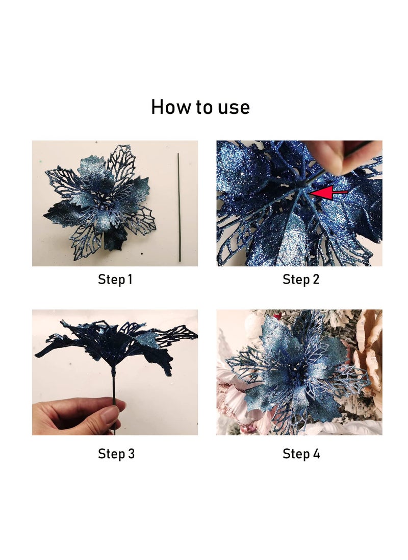 GL-Turelifes GL-Turelifes 12 Pieces 6.3 Glitter Christmas Flowers Violet Poinsettia Artificial Flower Christmas Tree Flowers Wreath Tree Ornaments with 12 Pcs Green Flower Stem  - Image 3