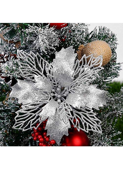 GL-Turelifes GL-Turelifes 12 Pieces 6.3 Glitter Christmas Flowers Violet Poinsettia Artificial Flower Christmas Tree Flowers Wreath Tree Ornaments with 12 Pcs Green Flower Stem  - Image 2