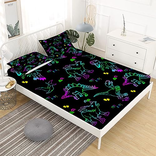 Gusuhome Dinosaurs Bed Sheets Queen Size for Boys 3D Colorful Jurassic Dinosaur Fitted Sheets Set for Kids and Teens Soft Microfiber Bedding Set with Pillowcase (1 Fitted Sheet + 2 Pillow Cases) - Image 2