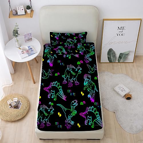 Gusuhome Dinosaurs Bed Sheets Queen Size for Boys 3D Colorful Jurassic Dinosaur Fitted Sheets Set for Kids and Teens Soft Microfiber Bedding Set with Pillowcase (1 Fitted Sheet + 2 Pillow Cases) - Image 4