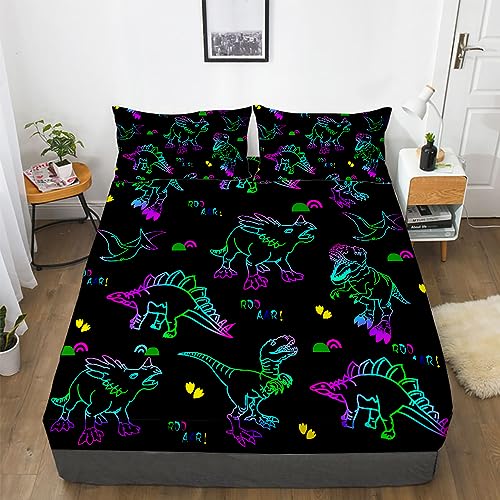Gusuhome Dinosaurs Bed Sheets Queen Size for Boys 3D Colorful Jurassic Dinosaur Fitted Sheets Set for Kids and Teens Soft Microfiber Bedding Set with Pillowcase (1 Fitted Sheet + 2 Pillow Cases) - Image 1