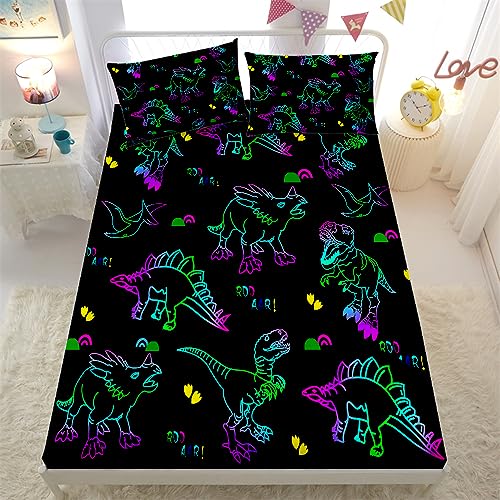 Gusuhome Dinosaurs Bed Sheets Queen Size for Boys 3D Colorful Jurassic Dinosaur Fitted Sheets Set for Kids and Teens Soft Microfiber Bedding Set with Pillowcase (1 Fitted Sheet + 2 Pillow Cases) - Image 3