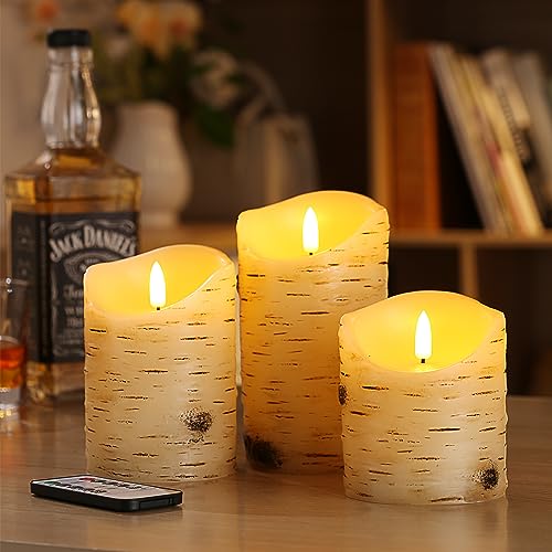 qinxiang Flameless Candles LED Candles Birch Bark Set of 3 (D 3.25" x H 4" 5" 6") Ivory Real Wax Pillar Battery Operated Candles with LED Flame 10-Key Remote Control and Cycling 24 Hours Timer - Image 3