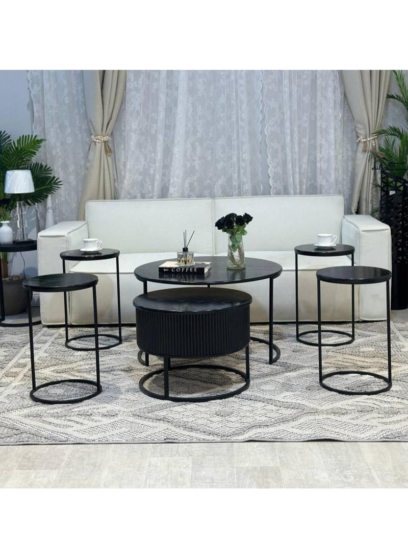 l'elefante 6-Piece Nesting Table Set – 2 Round Coffee Tables + 4 Side Tables – Scratch & Moisture-Resistant MDF Wooden Tops & Powder-Coated Iron Base – Pre-Assembled Modern Tables for Majlis, Living Room, Lounge – Made in Saudi Arabia