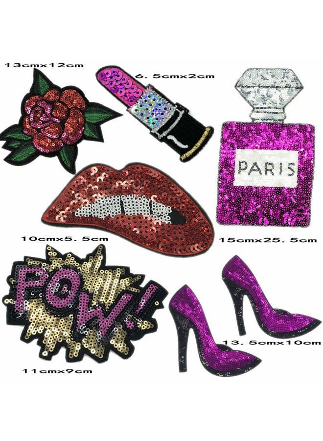 TATEELY 7 Pcs Purple Blue Embroidered Patches Lip/Lipstick Iron On Patch Sewing On Sequins DIY Clothes Applique Garment Motif Woman Girl Brand Patch (Purple) - Image 2