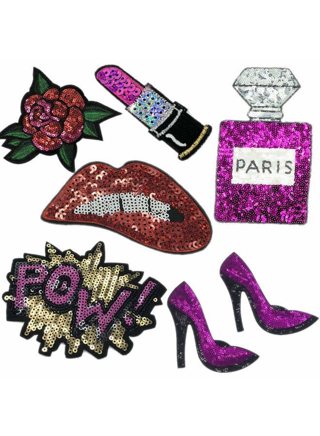TATEELY 7 Pcs Purple Blue Embroidered Patches Lip/Lipstick Iron On Patch Sewing On Sequins DIY Clothes Applique Garment Motif Woman Girl Brand Patch (Purple) - Image 1