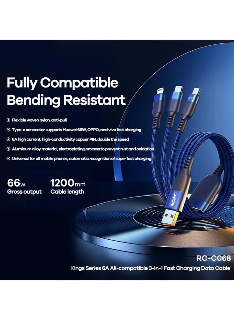 Data Cable 6A 3-In-1 Fast Charging All-Compatible Aluminum Alloy Material, Fully Compatible Bending Resistant, Universal For All Mobile Phones, Length 1.2M, Blue