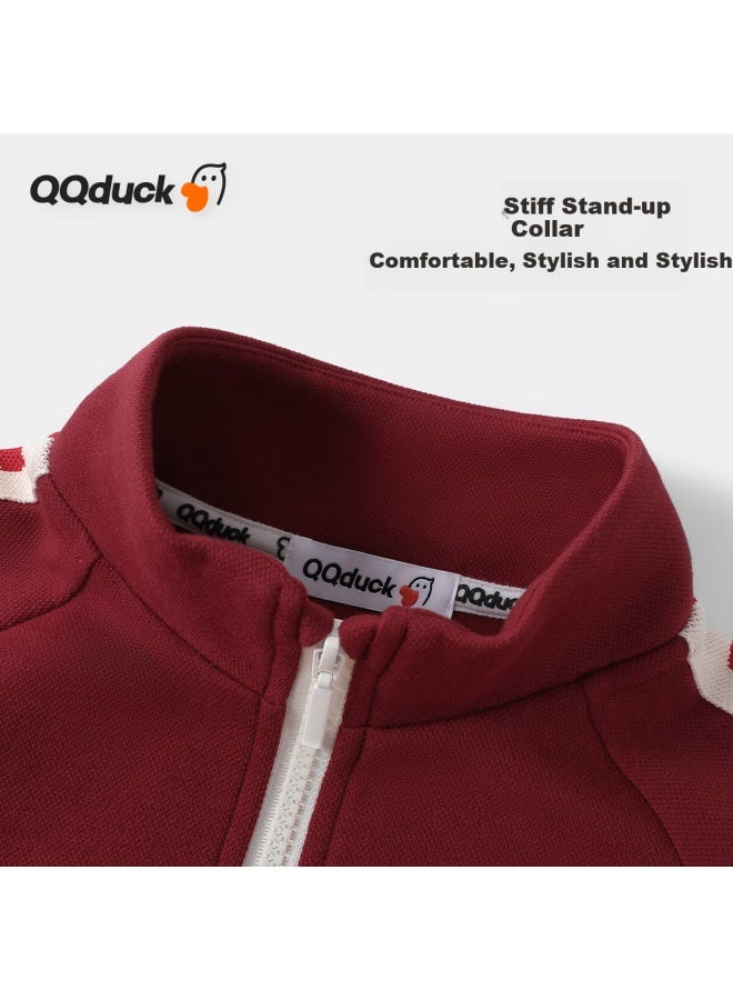 Qq Duck Children's Sportswear Set Girls' Jacket And Pants Two-piece Outfit Student Clothes Heart-shaped Little Duck Wine Red; 120 - Image 5