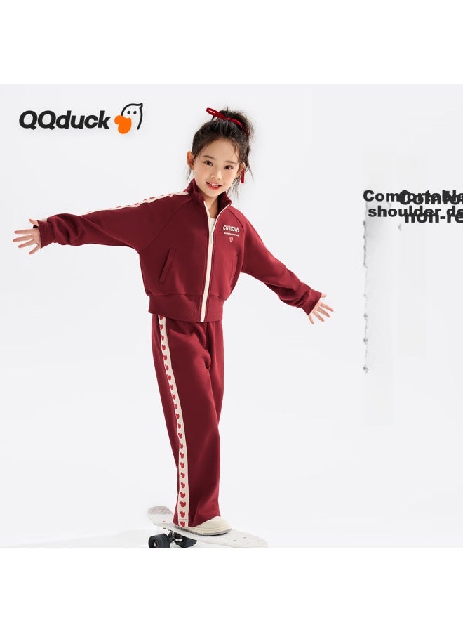 Qq Duck Children's Sportswear Set Girls' Jacket And Pants Two-piece Outfit Student Clothes Heart-shaped Little Duck Wine Red; 120 - Image 3
