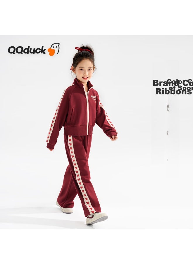 Qq Duck Children's Sportswear Set Girls' Jacket And Pants Two-piece Outfit Student Clothes Heart-shaped Little Duck Wine Red; 120 - Image 2