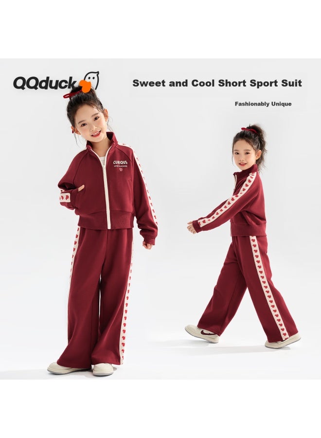 Qq Duck Children's Sportswear Set Girls' Jacket And Pants Two-piece Outfit Student Clothes Heart-shaped Little Duck Wine Red; 120 - Image 1